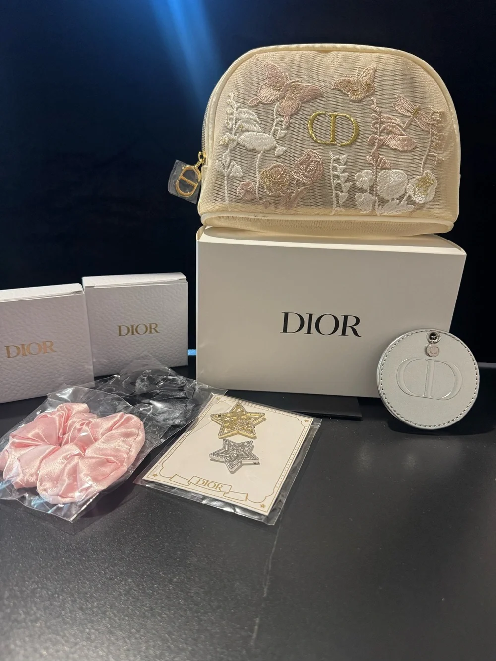 Dior Beauty Pouch with Light Pink&Black Satin Scrunchie & Starclips & Mirror